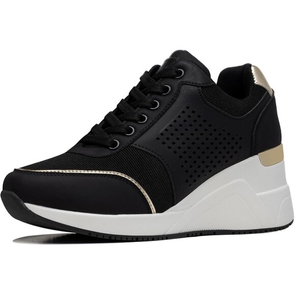 Cestfini Women Black Wedge High Heeld Lace Up Daily Wear Sneaker for Casual - Picture 1 of 7